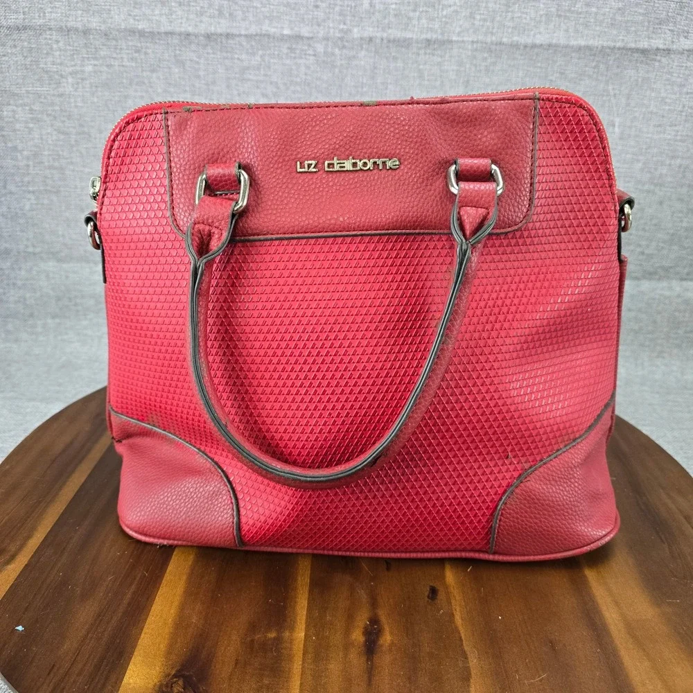 Liz Claiborne Red Satchel Handbag Geometric Embossed Faux Leather Top Handle Bag
